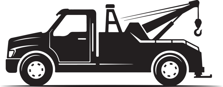 Tow truck, vehicle recovery, black silhouette, flat design, transportation icon