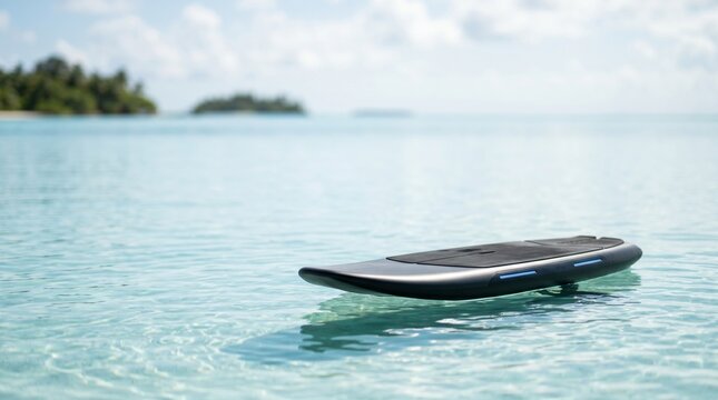Electric hydrofoil board floating on calm tropical ocean water surface