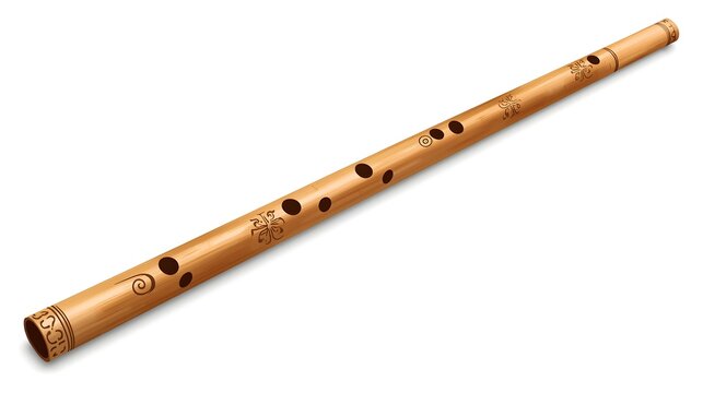 Traditional Bamboo Flute With Finger Holes and Intricate Carvings Isolated On White