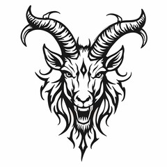 Obraz premium Stylized black and white illustration of an aggressive goat head with large curved horns