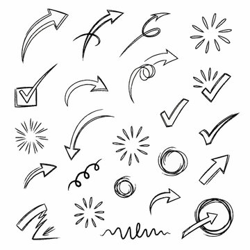 Collection of hand drawn arrows and check marks in black ink.