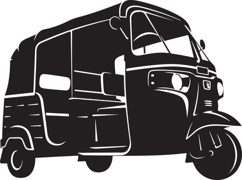Tuk-tuk, auto rickshaw, motorized tricycle, black vector illustration