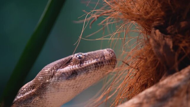Close up of a python or Boa constrictor snake head slowly moving over rocks with the tongue coming out.