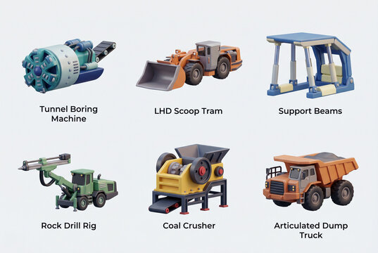 Mining equipment icon set featuring tunnel boring machine scoop tram rock drill coal crusher and articulated dump truck for app ui and product presentation