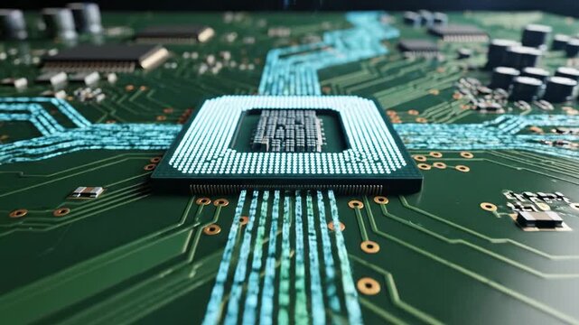Intricate pathways of luminous turquoise energy flow across a complex green circuitry board, vividly illuminating a central computational unit with a grid of tiny pins receiving data streams