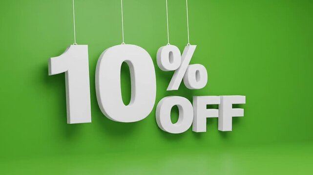 10 percent discount offer glowing white 3 D numbers and percent sign hanging on green background