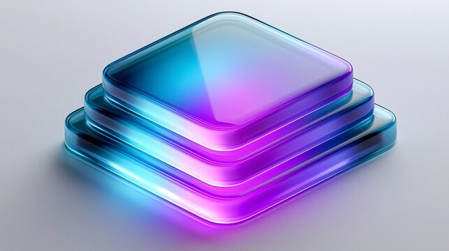 Drei &uuml;bereinander gestapelte, abgerundete Glasplatten leuchten in blau-violettem Neonlicht auf grauem Hintergrund.