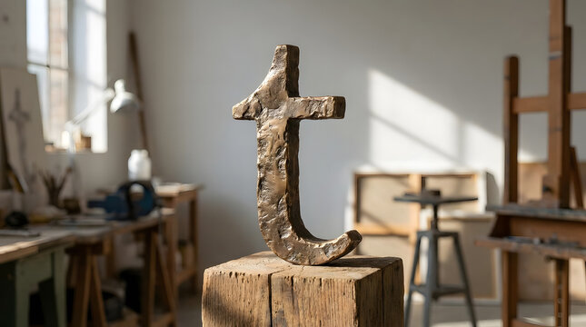 A unique cast iron sculpture of the lowercase letter 't' rests on a rustic wooden pedestal in an artist's studio