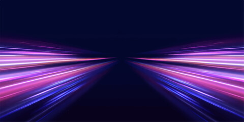 Fototapeta premium A vibrant abstract motion background loop features a fast car on a night road with glowing blue and purple light lines creating a bright energy wave pattern through a speed tunnel space design
