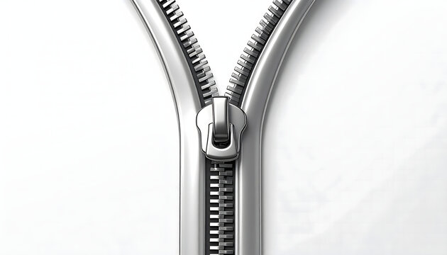 Close-up view of a metallic zipper on a white background, illustrating the fastening mechanism of clothing and accessories