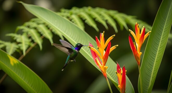 Iridescent hummingbird hovers mid‑air beside fiery orange and yellow tropical flowers, its shimmering green and violet feathers catching the light as it sips nectar with rapid wingbeats against a lush