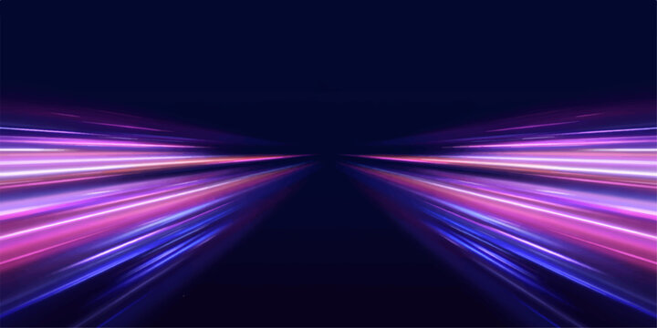 A vibrant abstract motion background loop features a fast car on a night road with glowing blue and purple light lines creating a bright energy wave pattern through a speed tunnel space design