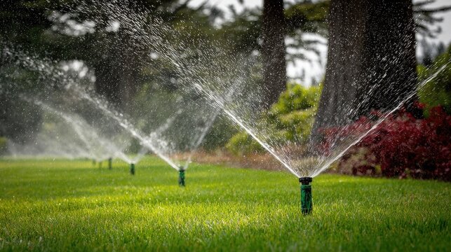 Automatic lawn sprinklers watering vibrant green grass under trees