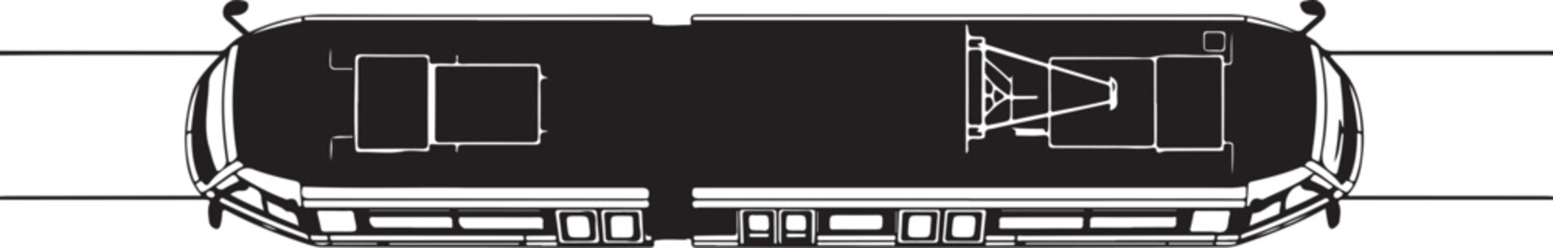 Black and white train carriage, train car side view, railroad vehicle illustration, transportation icon