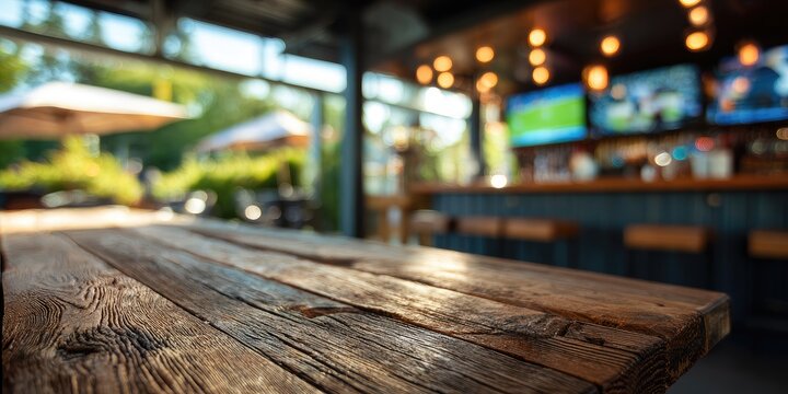 Rustic wooden table in foreground of blurred bar with TVs and outdoor seating