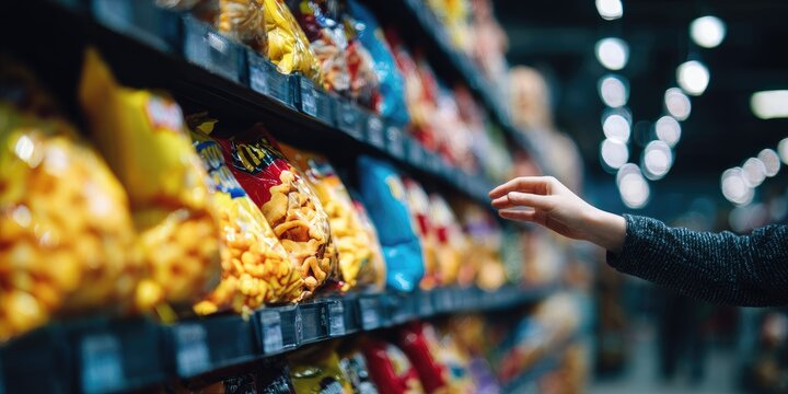 Hand reaches for colorful bags of snacks on a grocery store shelf