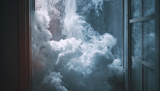 Ethereal white smoke billows through an open windowpane on a chilly day