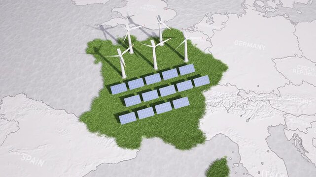 Animated map of France. Green ground with wind turbines and solar panels appearing. 3D Animation.