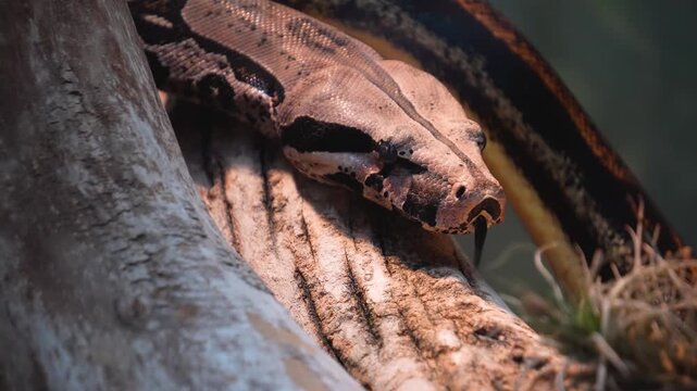 Close up of a python or Boa constrictor snake head slowly moving over rocks with the tongue coming out.