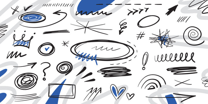 Hand drawn set scribble highlights. Doodle underlines, ovals, marks and arrows.Sketch simple vector collection for design, stickers and posters.