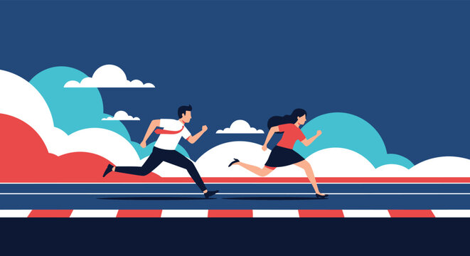 Business professionals engage in a competitive race on a track against a cloudy background, symbolizing workplace rivalry and speed.
