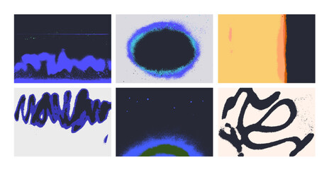 Abstract textures, blurry backgrounds set. Grainy gradients, grain, glowing shapes, scribble brushstrokes. Soft blur, grunge stroke, rough noise effect, designs collection. Flat vector illustrations