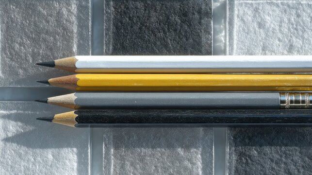Four colored pencils arranged in a row against a textured metallic mosaic tile surface