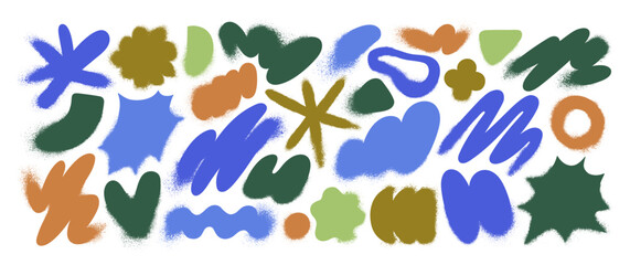Naklejka premium Abstract grainy shapes set. Textured organic geometric figures, blur and noise effect. Aerosol drawn design elements, irregular blurry forms. Flat vector illustrations isolated on white background