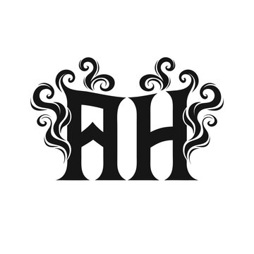 Vintage AH monogram logo design, gothic letter AH initials with ornate swirls, decorative black and white vector emblem for branding