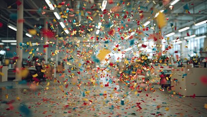 Fototapeta premium Confetti bursts through a modern office space, showering the scene