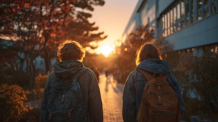 Obraz premium cheerful students walking into modern school campus with backpacks and morning sunlight, back to school atmosphere, realistic lifestyle photography