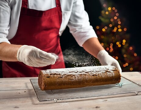 the pastry chef dusting a yule log