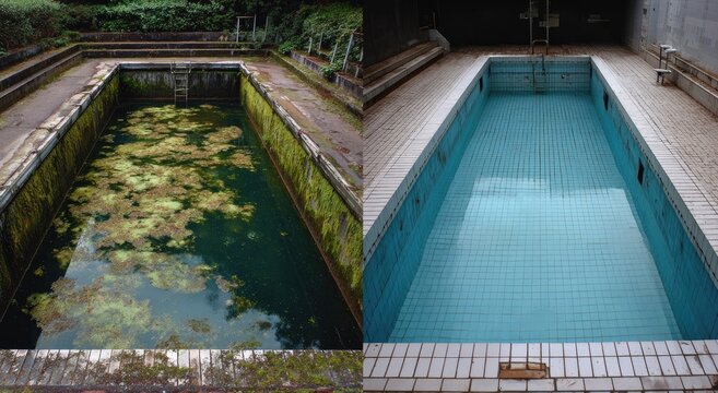 Dilapidated pool, overgrown and dirty, contrasts with clean, tiled, emptied pool