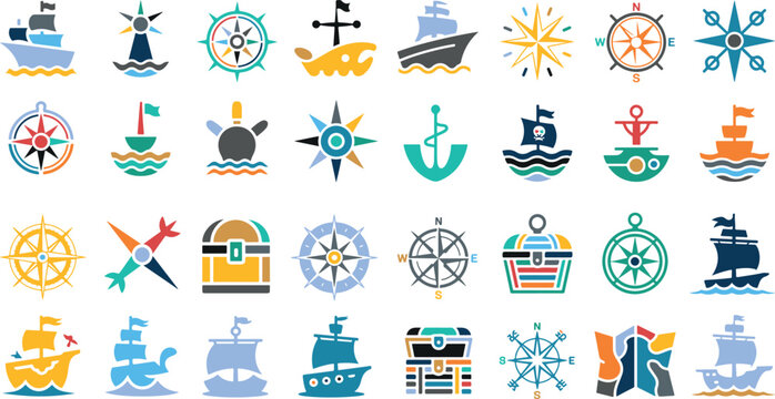 collection of nautical icons on white background including ships anchors compasses treasure chests and navigation tools