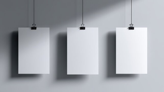 Three blank white vertical poster mockups hanging on gray wall with binder clips