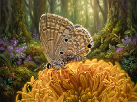 Fine Art Oil Painting of a Butterfly on a Yellow Flower in the Forest