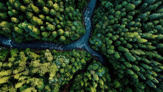 Aerial view of a dark river flowing through a dense, green forest canopy