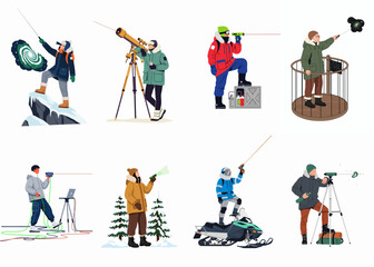 Set of scientists and explorers using telescopes, lasers, and various equipment for astronomical and arctic research in cold winter environments. © Sabrina
