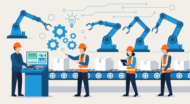 Automated production line workers and robotic arms in manufacturing process