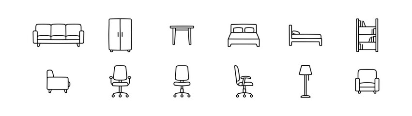 Furniture outline icon set, home interior sofa chair table bed cabinet and lamp symbols isolated on transparent background © Yehor