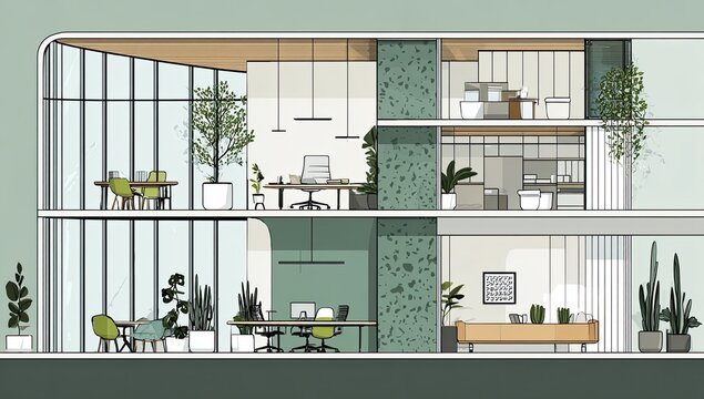 Modern Office Interior Design with Greenery and Natural Light.