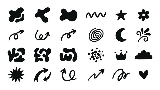 Abstract decorative shape and doodle icon set, arrows stars hearts and organic symbols isolated on transparent background