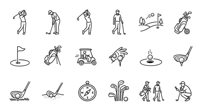 Golf sport outline icon set, player swing cart club ball and course equipment symbols isolated on transparent background