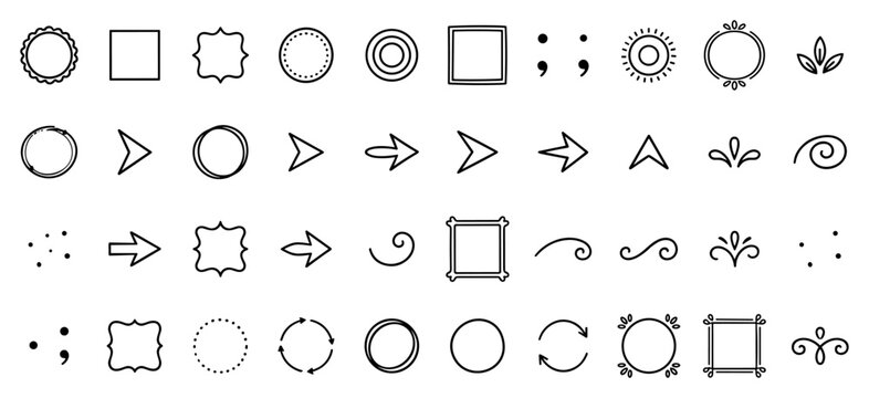 Decorative outline design element set, frames arrows borders and ornamental doodle symbols isolated on transparent background