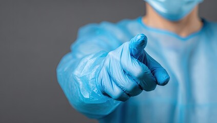 Fototapeta premium Person in blue medical attire points finger forward, towards viewer