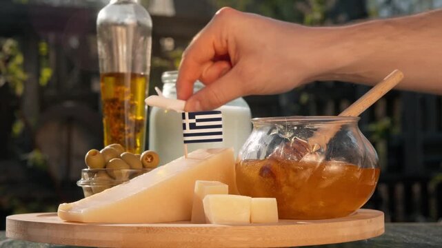 Rustic Greek scene captures air travel for food lovers, presenting local cheese, honey, and olives as symbols of regional farm heritage.