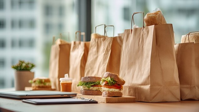 Paper bags with sandwiches and sauces ready for pickup or delivery