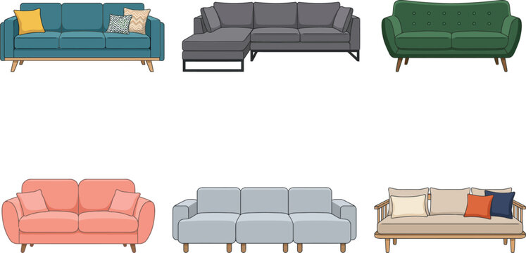 Living Room Furniture Set Vector - Yellow Teal Sofa Cabinet Couch Clipart