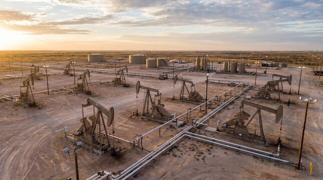 Sunset casts a golden glow over an active oil field in the vast desert, with numerous pumpjacks tirelessly extracting energy, showcasing industrial scale