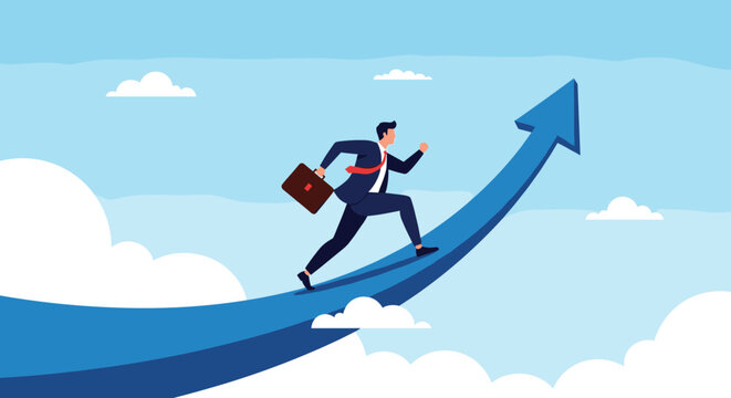 Ambitious businessman carrying a briefcase while running fast up a giant blue arrow pointing towards the sky.